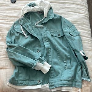 Teal hoodie button up. Hood is detachable